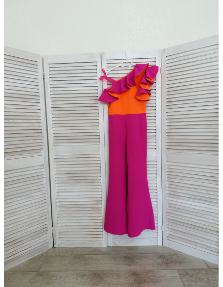 Hot pink girls jumpsuit with neon orange ruffles top/ Casual romper/ Girls casual wear/ Ruffles romper/ Custom outfit