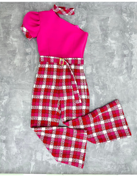 Pink, red and white checkered tweed girls pageant jumpsuit with one sleeve/ Interview outfit/ Pageant casual wear/ Custom pageant outfit