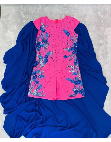 Hot pink royal blue pageant fun fashion outfit with cape and romper/ Girls teens pageant outfit/ Runway jumpsuit/  Custom pageant dresses