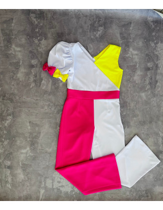 Hot pink white and yellow girl neoprene jumpsuit with sleeve/ Scuba casual outfit/ Color block girls casual wear/ Custom pageant outfit