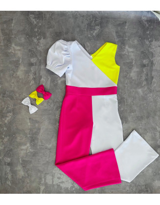 Hot pink white and yellow girl neoprene jumpsuit with sleeve/ Scuba casual outfit/ Color block girls casual wear/ Custom pageant outfit