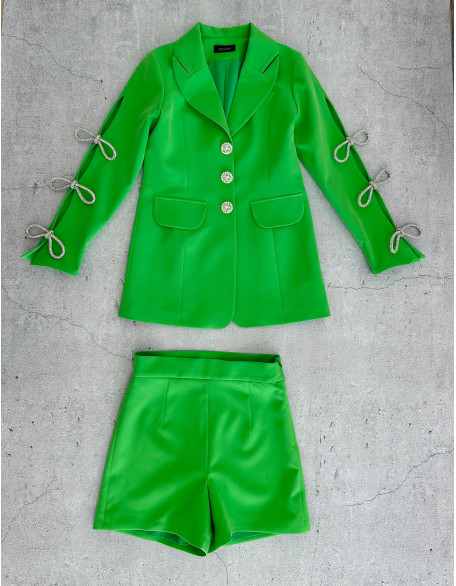 Lime green girls suit with jacket and shorts/ Bow sleeves/ Girls pageant wear/ Interview suit/ Custom pageant outfit