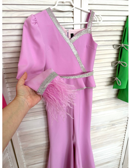 Light lilac girls pageant jumpsuit with rhinestones and feathers sleeve/ Check in jumpsuit/ Girls cocktail wear/ Custom outfit