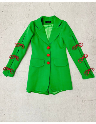 Grass green girls suit with jacket and shorts/ Red rhinestones bow sleeves/ Girls pageant wear/ Interview suit/ Custom pageant outfit