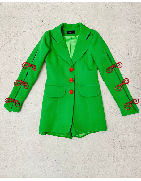 Grass green girls suit with jacket and shorts/ Red rhinestones bow sleeves/ Girls pageant wear/ Interview suit/ Custom pageant outfit