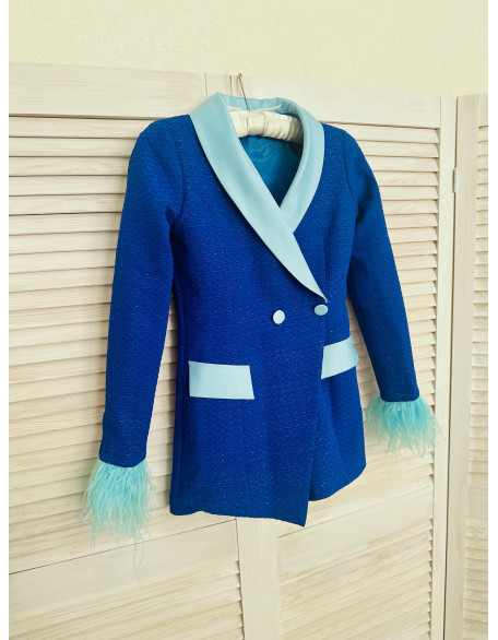 Royal blue and mint girls jacket romper with buttons and feathers sleeves/ Interview romper/ Girls casual wear/ Custom outfit