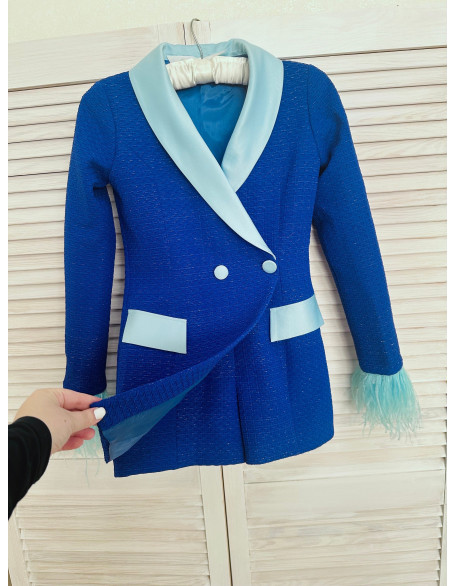 Royal blue and mint girls jacket romper with buttons and feathers sleeves/ Interview romper/ Girls casual wear/ Custom outfit