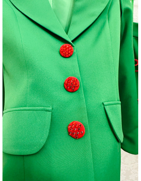 Grass green girls suit with jacket and shorts/ Red rhinestones bow sleeves/ Girls pageant wear/ Interview suit/ Custom pageant outfit