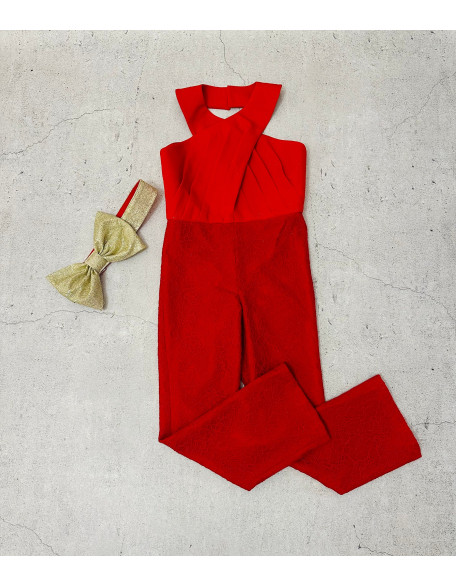 Red lace girls jumpsuit with gold belt bow/ Casual romper/ Girls casual wear/ Interview jumpsuit/ Custom pageant outfit