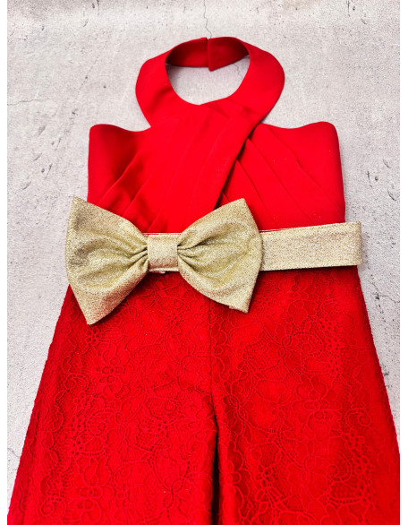 Red lace girls jumpsuit with gold belt bow/ Casual romper/ Girls casual wear/ Interview jumpsuit/ Custom pageant outfit