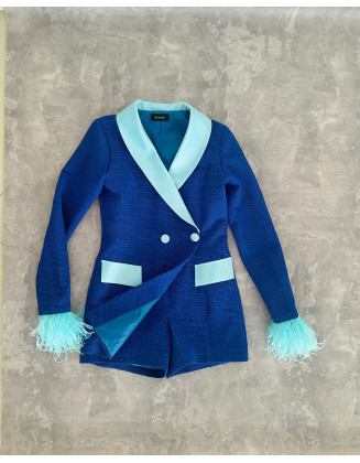 Royal blue and mint girls jacket romper with buttons and feathers sleeves/ Interview romper/ Girls casual wear/ Custom outfit