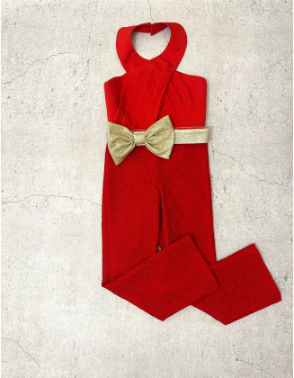 Red lace girls jumpsuit with gold belt bow/ Casual romper/ Girls casual wear/ Interview jumpsuit/ Custom pageant outfit