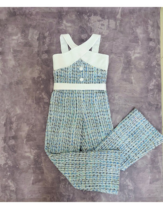 Light blue and gold girls tweed pageant jumpsuit with white accents/ Girls interview outfit/ Pageant casual wear/ Custom pageant outfit