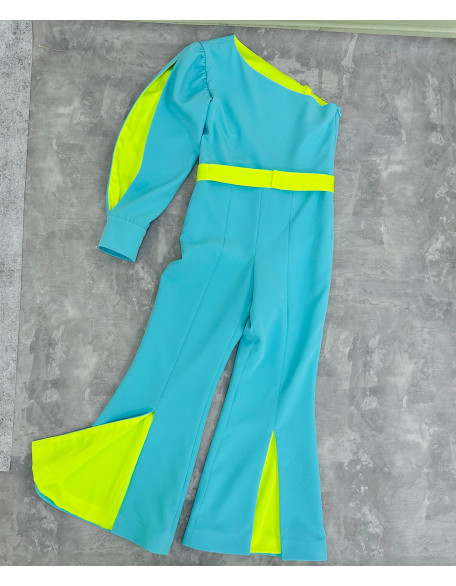 Mint turquoise pageant jumpsuit with one sleeve and yellow accents/ Teens turquoise romper/ Girls Interview outfit/ Pageant casual wear