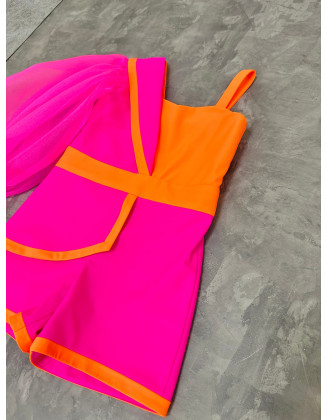 Hot pink girls romper with one sleeve and neon orange accents/ Casual romper/ Girls casual wear/ Ruffles romper/ Custom outfit