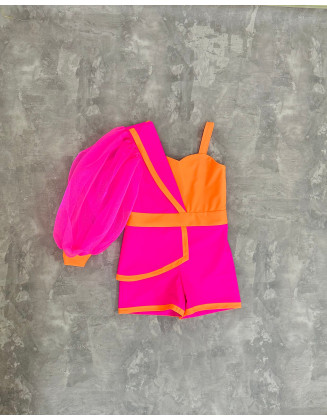 Hot pink girls romper with one sleeve and neon orange accents/ Casual romper/ Girls casual wear/ Ruffles romper/ Custom outfit