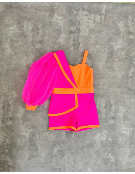 Hot pink girls romper with one sleeve and neon orange accents/ Casual romper/ Girls casual wear/ Ruffles romper/ Custom outfit