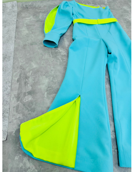 Mint turquoise pageant jumpsuit with one sleeve and yellow accents/ Teens turquoise romper/ Girls Interview outfit/ Pageant casual wear