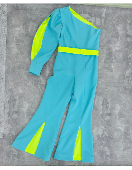 Mint turquoise pageant jumpsuit with one sleeve and yellow accents/ Teens turquoise romper/ Girls Interview outfit/ Pageant casual wear