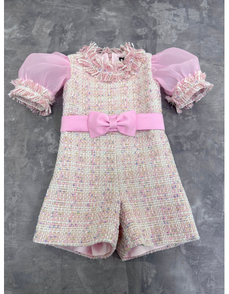 Light pink tweed girls pageant romper with organza sleeves/ Girls casual outfit/ Pageant casual wear/ Custom pageant outfit