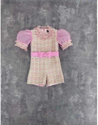 Light pink tweed girls pageant romper with organza sleeves/ Girls casual outfit/ Pageant casual wear/ Custom pageant outfit