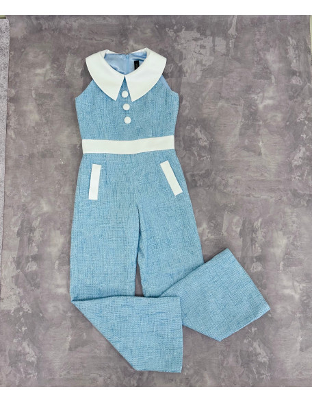 Blue and white girls tweed pageant jumpsuit with white collar and belt/ Girls interview outfit/ Pageant casual wear/ Custom pageant outfit