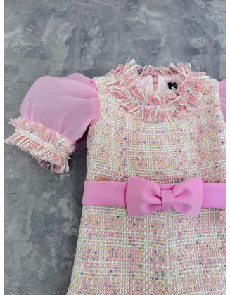 Light pink tweed girls pageant romper with organza sleeves/ Girls casual outfit/ Pageant casual wear/ Custom pageant outfit