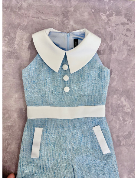 Blue and white girls tweed pageant jumpsuit with white collar and belt/ Girls interview outfit/ Pageant casual wear/ Custom pageant outfit