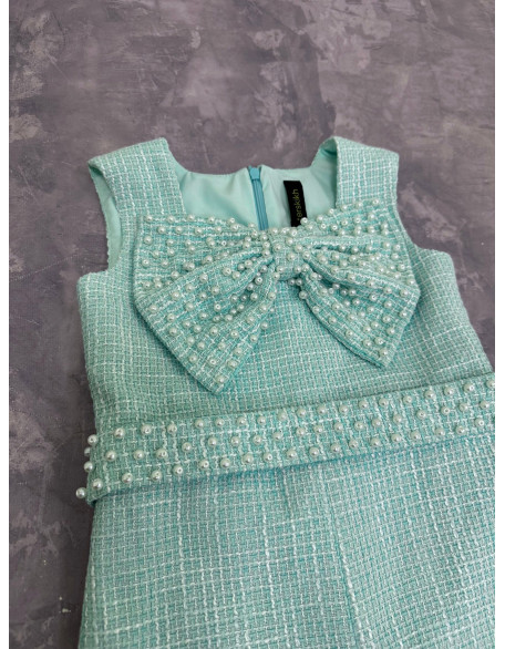 Mint and white tweed girls pageant romper with beaded bow and belt/ Girls casual outfit/ Pageant casual wear/ Custom pageant outfit