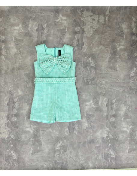 Mint and white tweed girls pageant romper with beaded bow and belt/ Girls casual outfit/ Pageant casual wear/ Custom pageant outfit