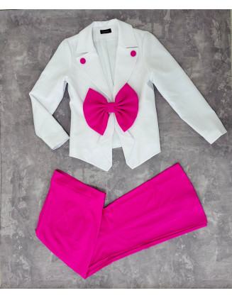 White and hot pink two pieces girls pageant suit/ Jacket and flared pants/ Teens interview suit/Custom pageant outfit