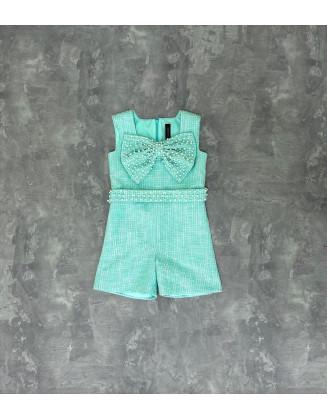 Mint and white tweed girls pageant romper with beaded bow and belt/ Girls casual outfit/ Pageant casual wear/ Custom pageant outfit