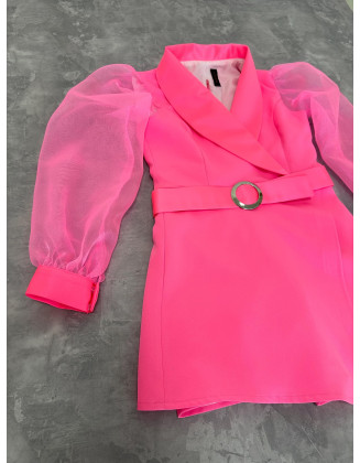 Neon pink girls jacket romper with belt and organza sleeves/ Interview romper/ Girls casual wear/ Custom outfit