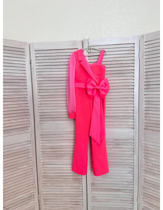 Neon pink girls jumpsuit with belt and organza sleeve/ Interview romper/ Girls casual wear/ Custom outfit