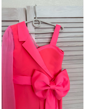 Neon pink girls jumpsuit with belt and organza sleeve/ Interview romper/ Girls casual wear/ Custom outfit