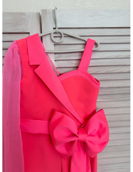 Neon pink girls jumpsuit with belt and organza sleeve/ Interview romper/ Girls casual wear/ Custom outfit