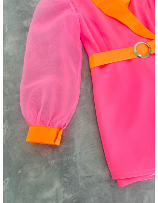 Neon pink and orange girls jacket romper with belt and organza sleeves/ Interview romper/ Girls casual wear/ Custom outfit