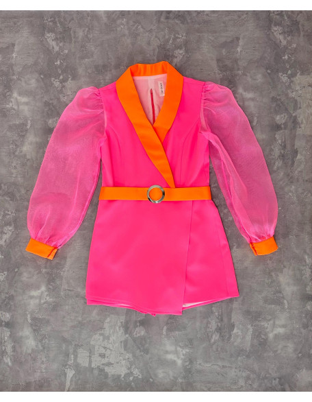 Neon pink and orange girls jacket romper with belt and organza sleeves/ Interview romper/ Girls casual wear/ Custom outfit