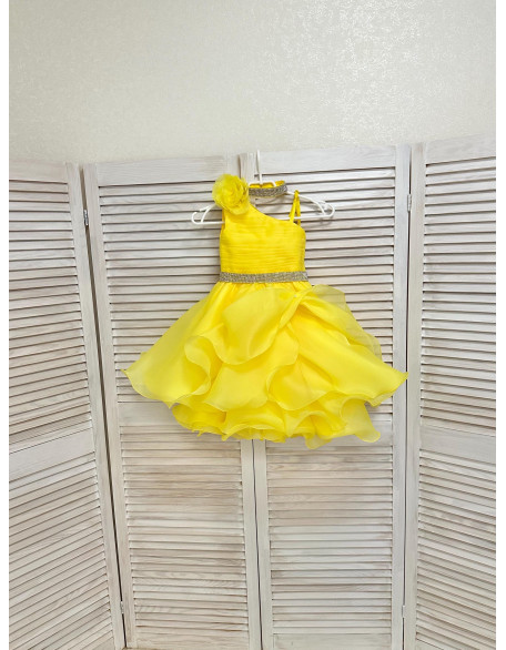 Bright yellow girl pageant cocktail dress with rhinestones/ Pageant outfit/ Teens cocktail dress/  Custom pageant dresses