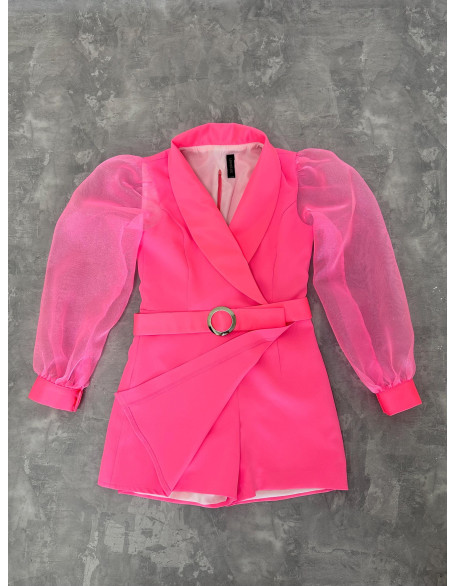 Neon pink girls jacket romper with belt and organza sleeves/ Interview romper/ Girls casual wear/ Custom outfit