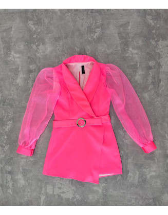 Neon pink girls jacket romper with belt and organza sleeves/ Interview romper/ Girls casual wear/ Custom outfit