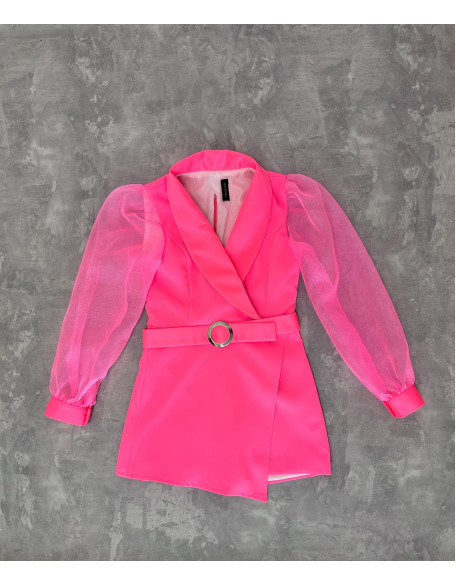 Neon pink girls jacket romper with belt and organza sleeves/ Interview romper/ Girls casual wear/ Custom outfit