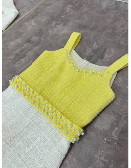 Yellow and white tweed two pieces girls pageant set with romper and jacket/ Girls interview outfit/ Casual wear/ Custom pageant outfit