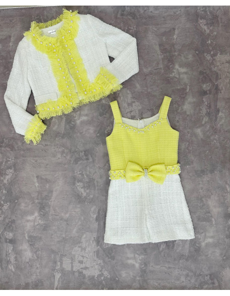 Yellow and white tweed two pieces girls pageant set with romper and jacket/ Girls interview outfit/ Casual wear/ Custom pageant outfit