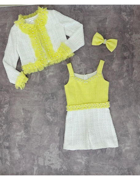 Yellow and white tweed two pieces girls pageant set with romper and jacket/ Girls interview outfit/ Casual wear/ Custom pageant outfit