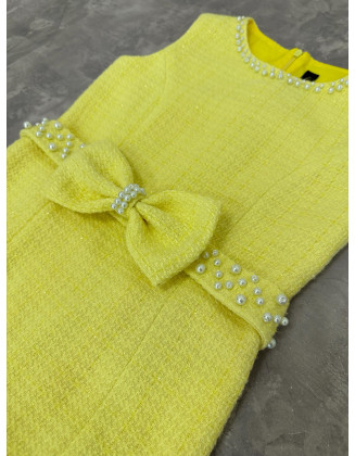 Yellow tweed girls pageant dress with ruffles bottom and bow belt/ Girls interview outfit/ Pageant casual wear/ Custom pageant outfit