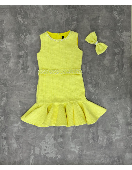 Yellow tweed girls pageant dress with ruffles bottom and bow belt/ Girls interview outfit/ Pageant casual wear/ Custom pageant outfit