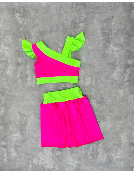 Hot pink, neon green girls pageant fitness outfit/ Top and skirt suit/ Girls pageant fitness wear/ Custom outfit