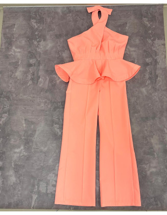 Light peach  girls jumpsuit with ruffle peplum/ Casual romper/ Girls casual wear/ Interview jumpsuit/ Custom pageant outfit