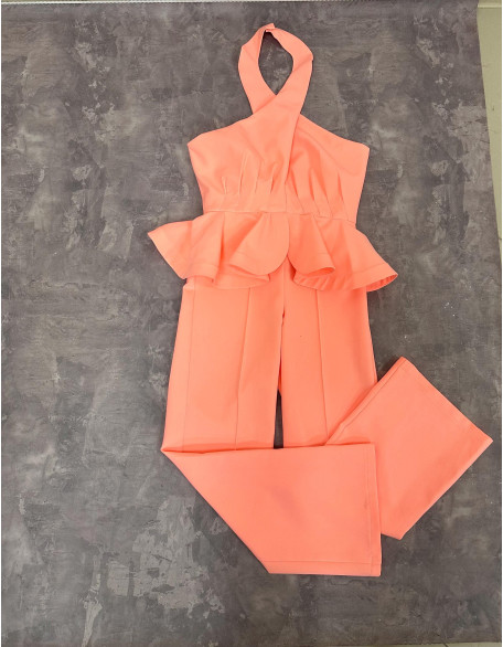 Light peach  girls jumpsuit with ruffle peplum/ Casual romper/ Girls casual wear/ Interview jumpsuit/ Custom pageant outfit